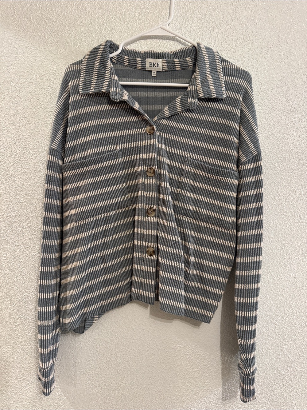BKE Blue and Cream Striped Button-Front Knit Cardigan